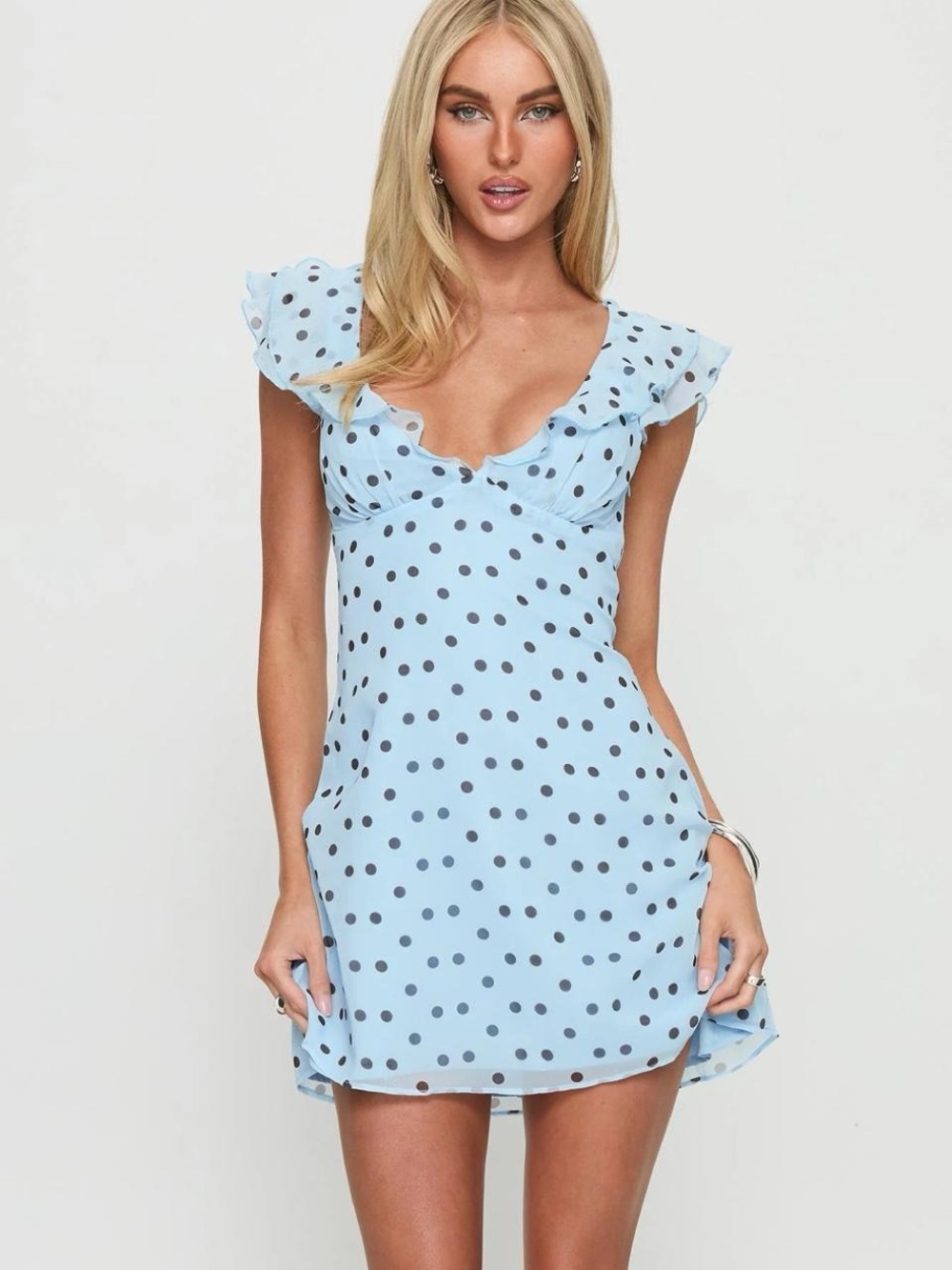 Princess Polly Light Blue Polka Dot Ruffle Mini Dress